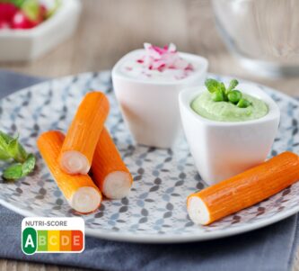 Petits Coraya, tzatzíki de radis rose et dip de petits pois